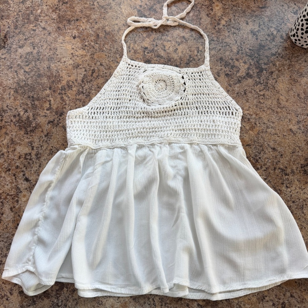 Sim & Sam Ivory Crochet Halter Top Boho Smocked Rayon Festival Juniors Medium